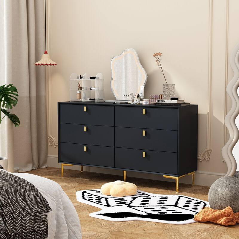 White 6-Drawers 55.1 in. Width Classic Wooden Chest of Drawers, Dresser, Storage Cabinet with Golden Legs and Handles