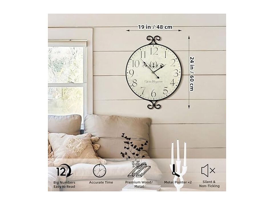 Farmhouse Wrought Iron Warm Gray Finish Wall Clock 24 Inch Silent