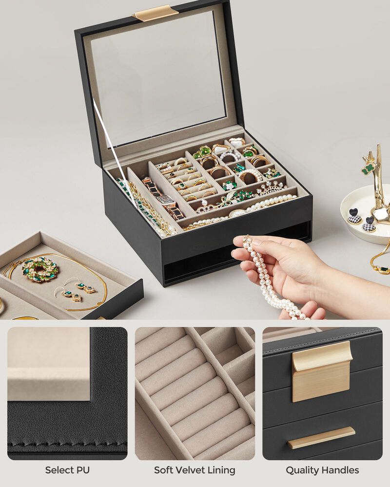 Elegant 2-Layer Jewelry Box with Glass Lid and 1 Drawer - Perfect Gift for Loved Ones