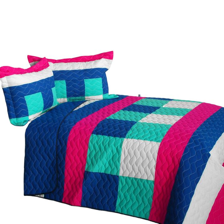 Vermicelli Quilted Plaid Quilt Set Queen Size for Bedroom Bedding Decor-Blue