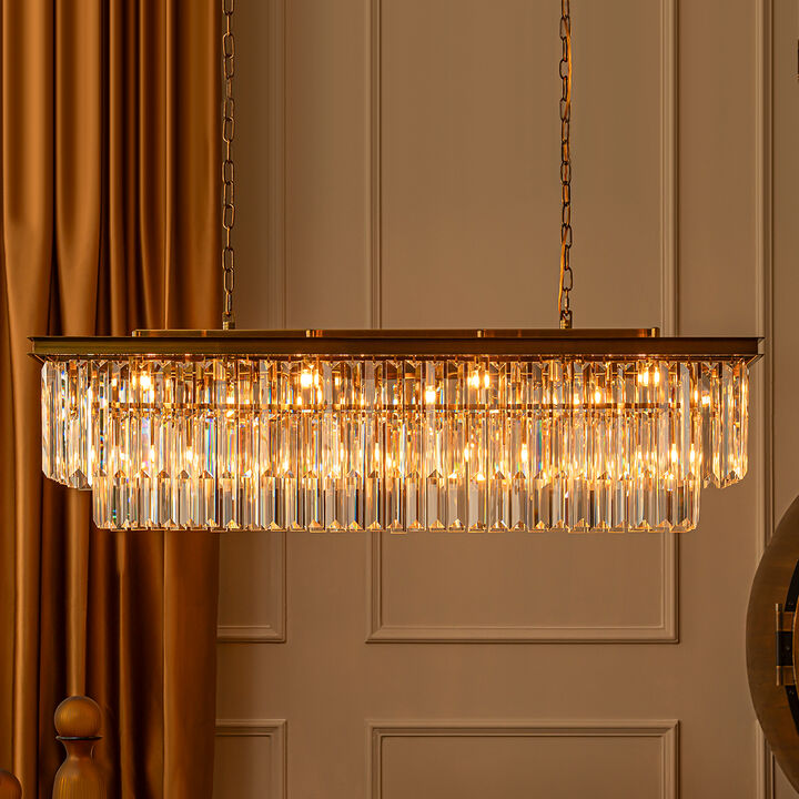 12-Light Modern Gold Fringe Crystal Chandelier for Dining Room with Crystal Accents