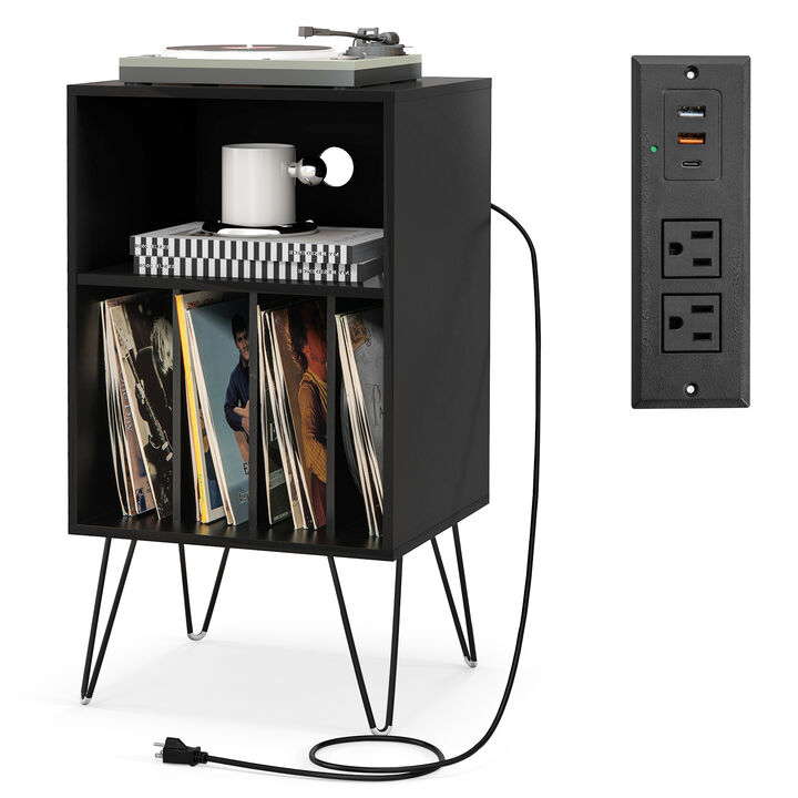 Record Player Stand with Charging Station for Living Room or Bedroom Storage and Decor