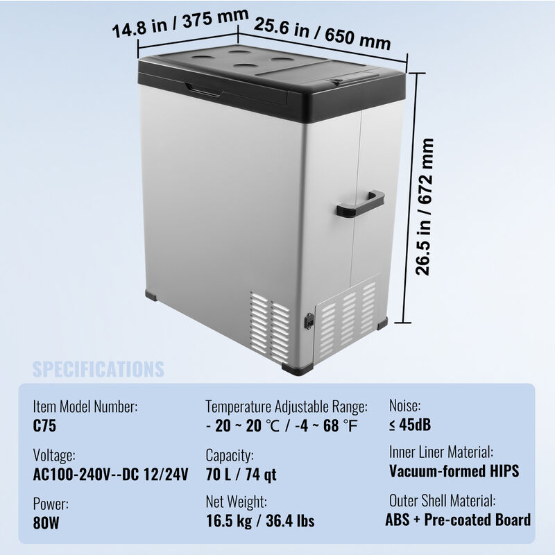 VEVOR Portable Car Refrigerator Freezer Compressor 70 L Single Zone for Car Home image number 6