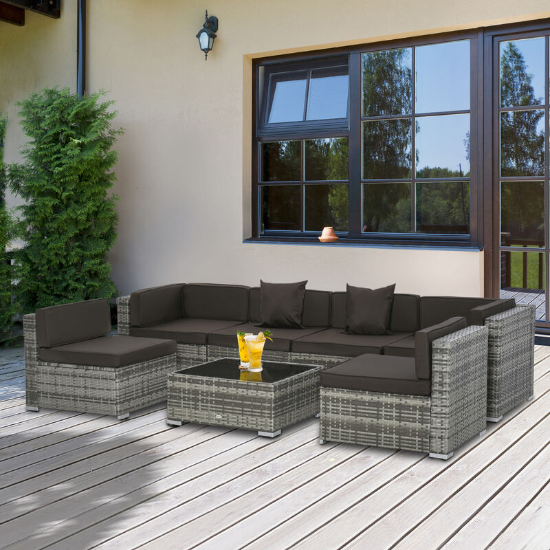 Outsunny 7-Piece Patio Furniture Set, Outdoor Wicker Conversation Set, All Weather PE Rattan Sectional Sofa Set with Cushions and Faux Wood Table, Stripe Pillows, Gray