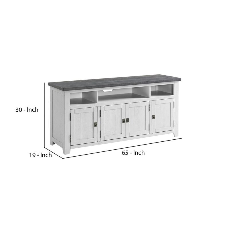 TV Stand with 3 Cabinets and 3 Cubbies, White and Gray-Benzara