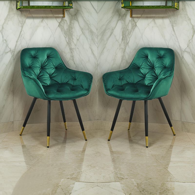 25 Inch Accent Dining Chair, Curved Back, Gold, Green Velvet Upholstery - Benzara