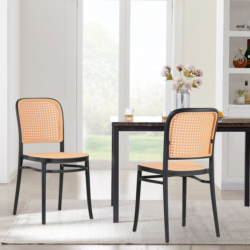 Glamour Home Set of 2 Balto Black Plastic Dining Chair with Rattan Detail