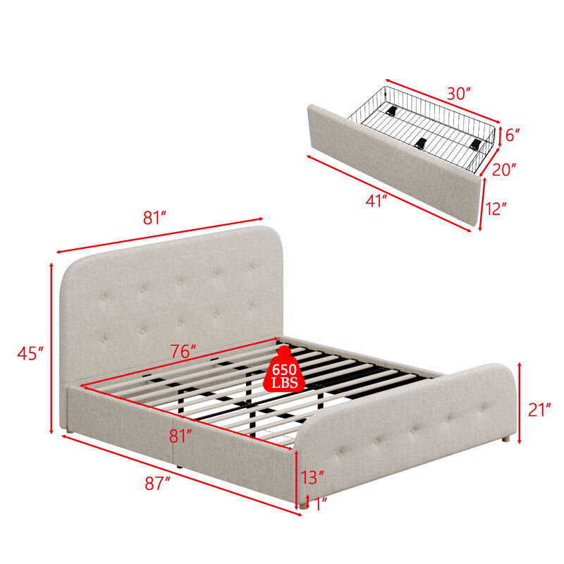 FUFU&GAGA Minimalist Platform King  Bed with Linen Upholstery Iron Frame and Button Accents 87''L x 81''W x 45''H Gray