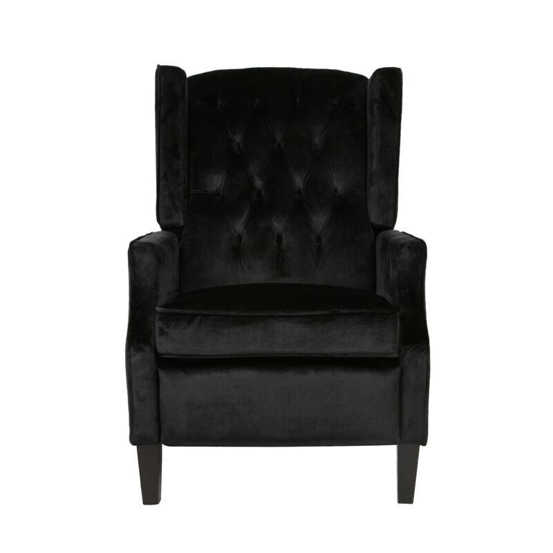 Octa Manual Recliner Chair, Button Tufted Wingback Design Black Velvet - Benzara