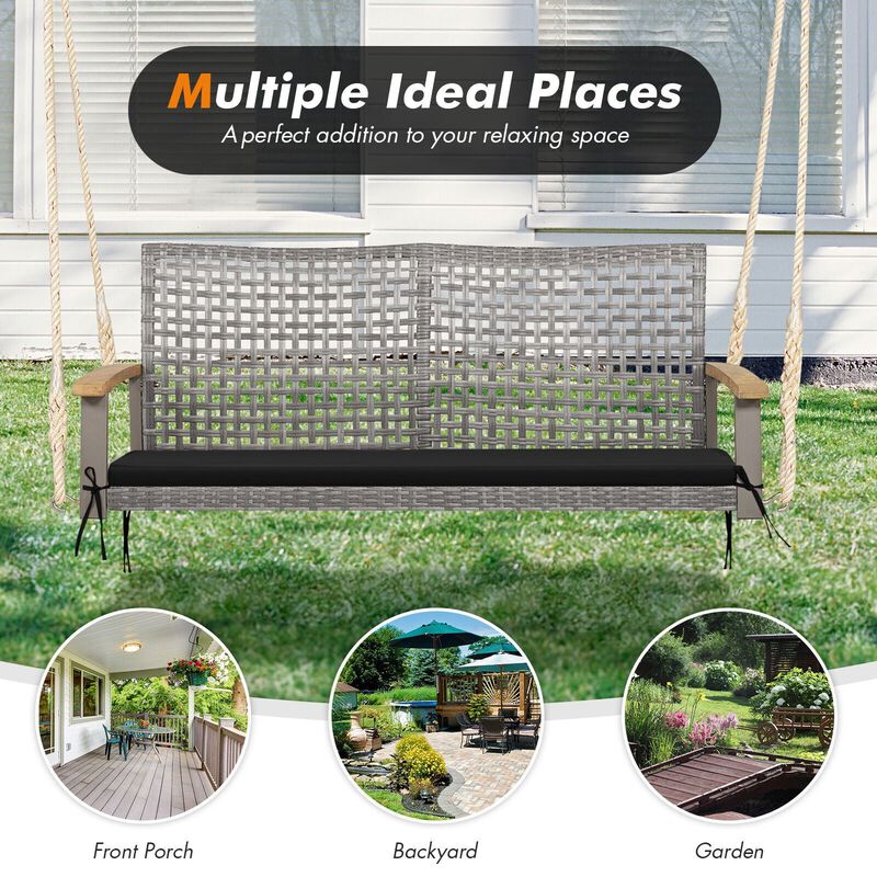 Mondawe 2-Person Patio Rattan Mix Gray Rattan Frame Hanging Porch Swing Chair
