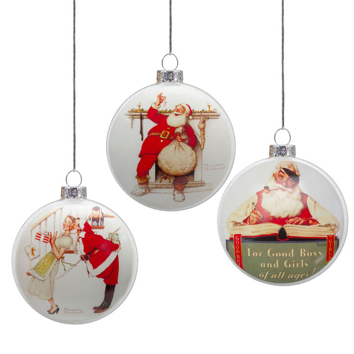 Set of 3 Glass Norman Rockwell Christmas Disc Ornament