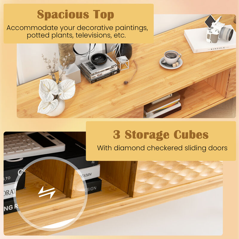 Mid Century Modern Wicker TV Stand with Sliding Doors