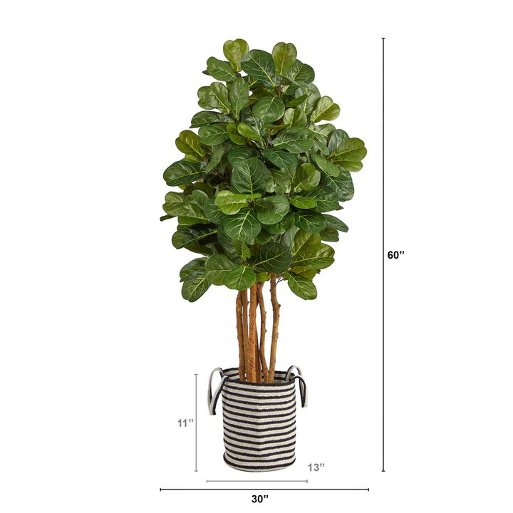 HomPlanti 5 Feet Fiddle Leaf Fig Artificial Tree in Handmade Black and White Natural Jute and Cotton Planter