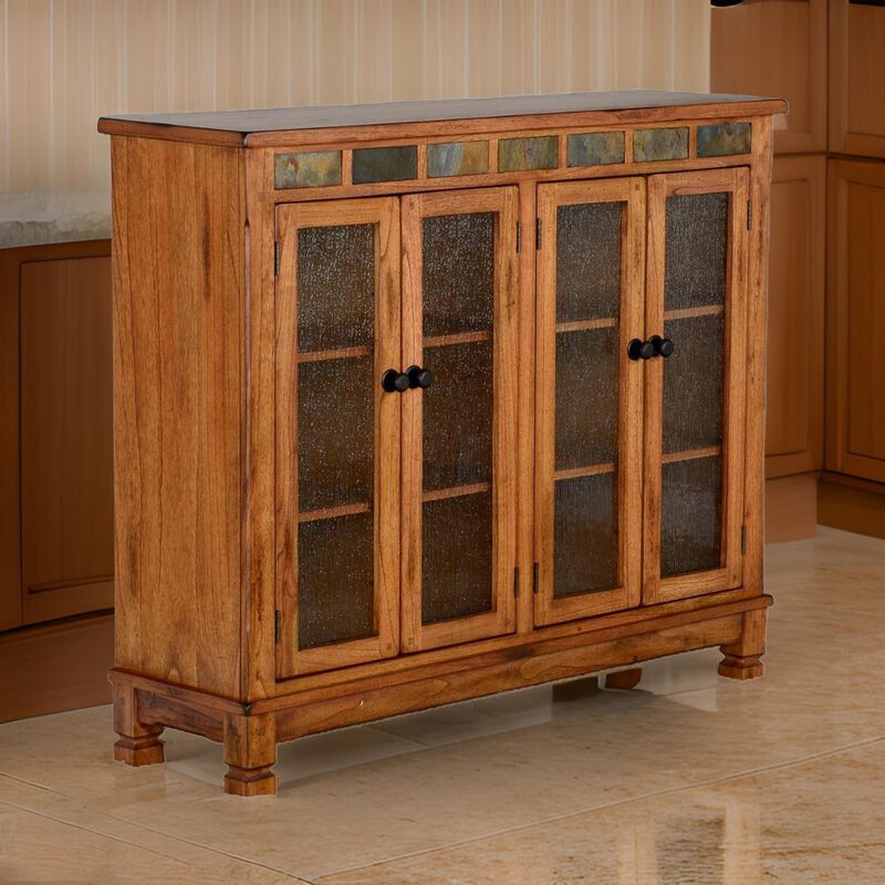 Marv Bookcase Cabinet, 4 Waterfall Glass Doors Slate Inlay Light Brown - Benzara