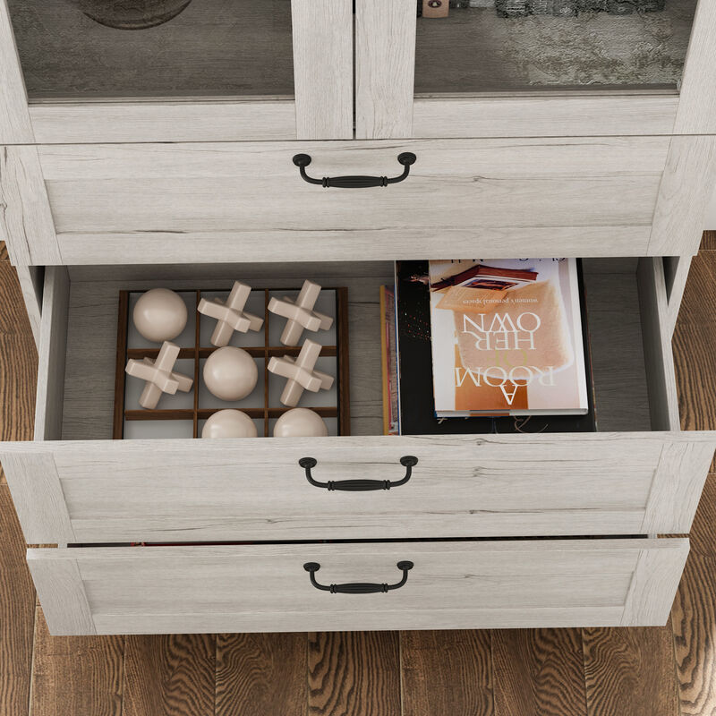 FUFU&GAGA Modern White Wood Grain Tall Boy Cabinet with Glass Doors and Drawers Storage Unit 31.5 in. L x 16.1 in. W x 79.9 in. H