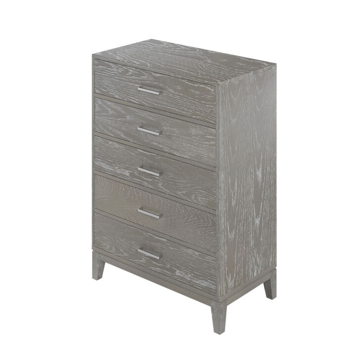 Modern Concise Style Grey Wood Grain Five-Drawer Chest with Tapered Legs and Smooth Gliding Drawers