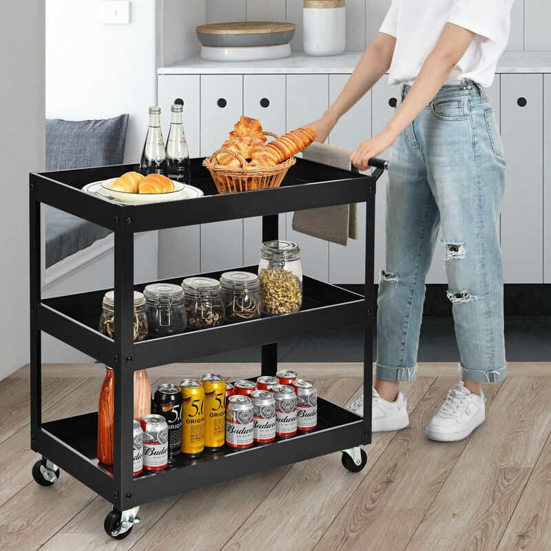 3-Tier Utility Cart Metal Mental Storage Service Trolley in Black