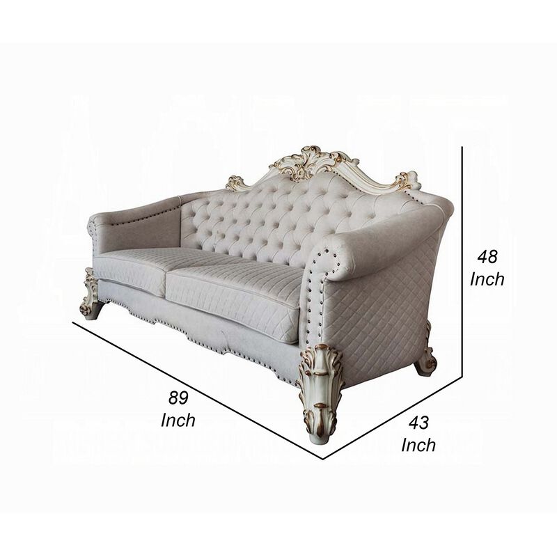 Antoine Sofa, 6 Pillows, Tufted Ivory Fabric, Pearl White, 89 Inch