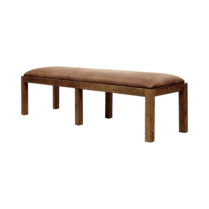 Rectangular Bench with Leatherette Padded Seat and Block Legs, Rustic Brown-Benzara