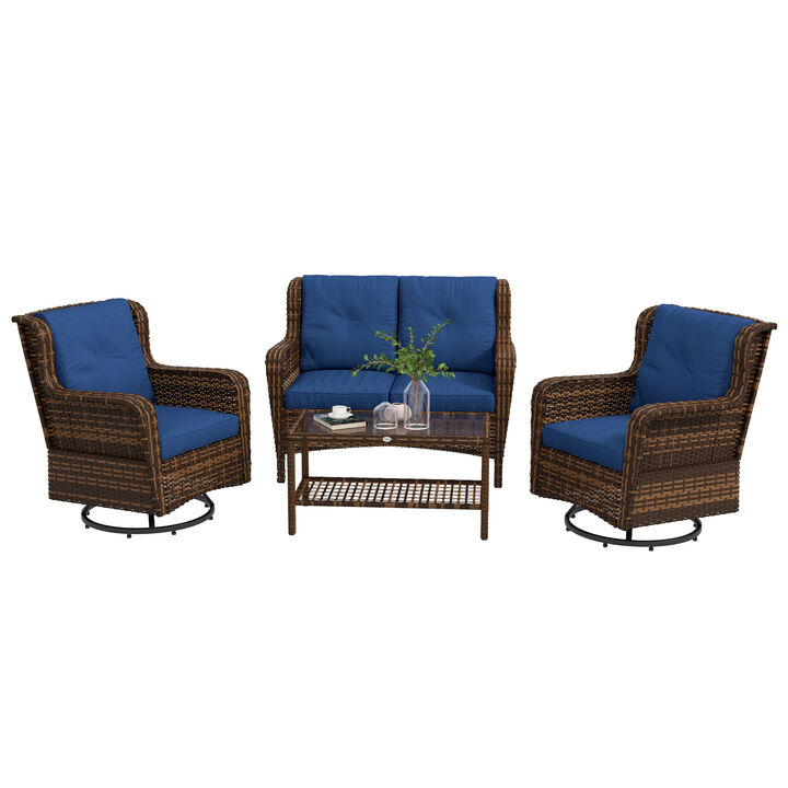 Wicker Patio Furniture Set w/ 360° Swivel & Rock Function Chairs, Cream White