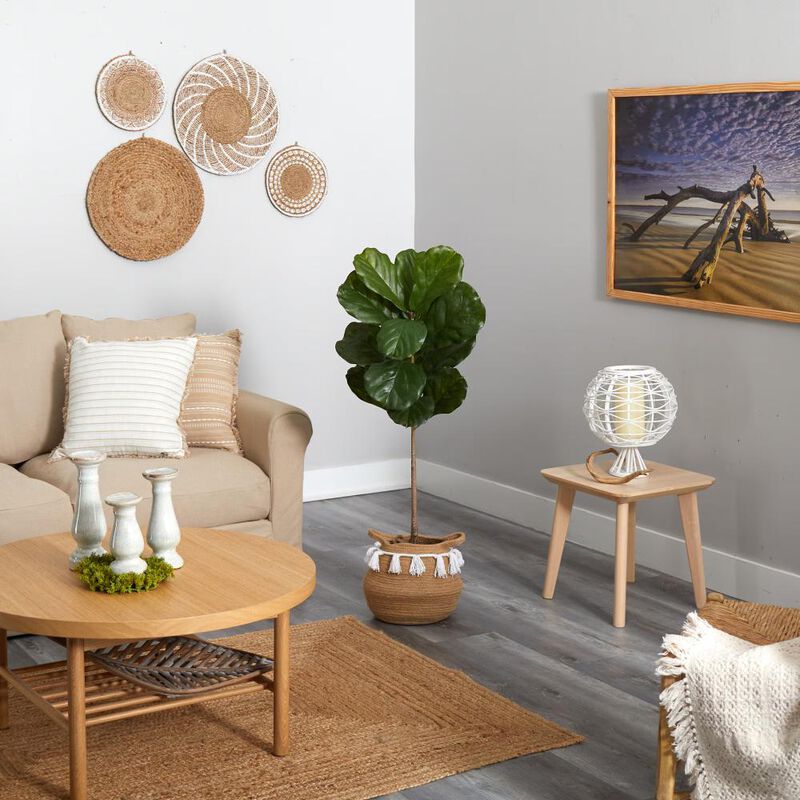 Hivvago 4 Feet Fiddle Leaf Artificial Tree in Boho Chic Handmade Natural Cotton Woven Planter with Tassels UV Resistant (Indoor/Outdoor)