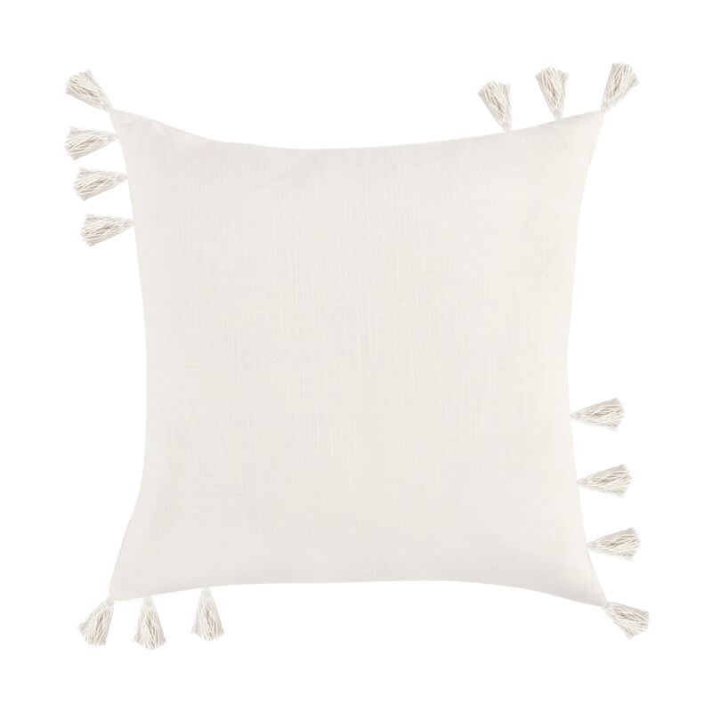 Throw Pillow, Tasseled Edges with Embroidery, 22 Inch Ivory Fabric - Benzara