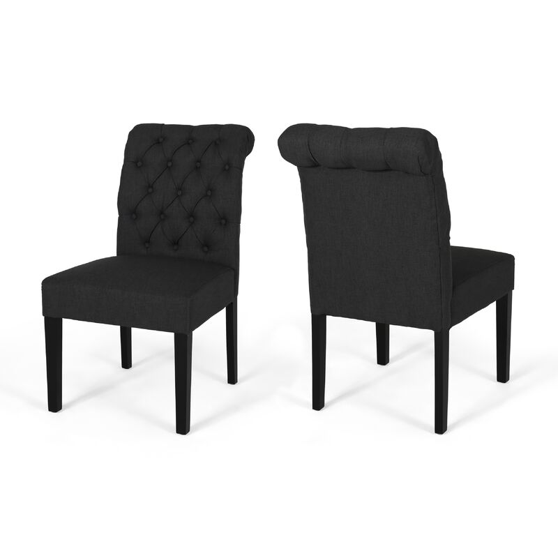 Mein Dining Chair Set of 2, Dark Gray Polyester, Black Wood Frame