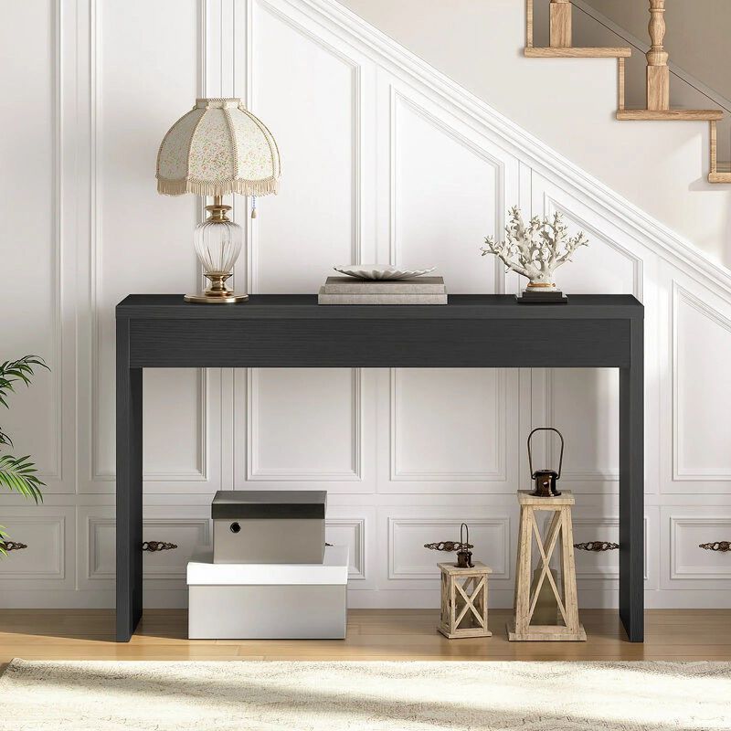 Narrow Console Table with Open Storage for Entryway and Living Room-Black image number 3