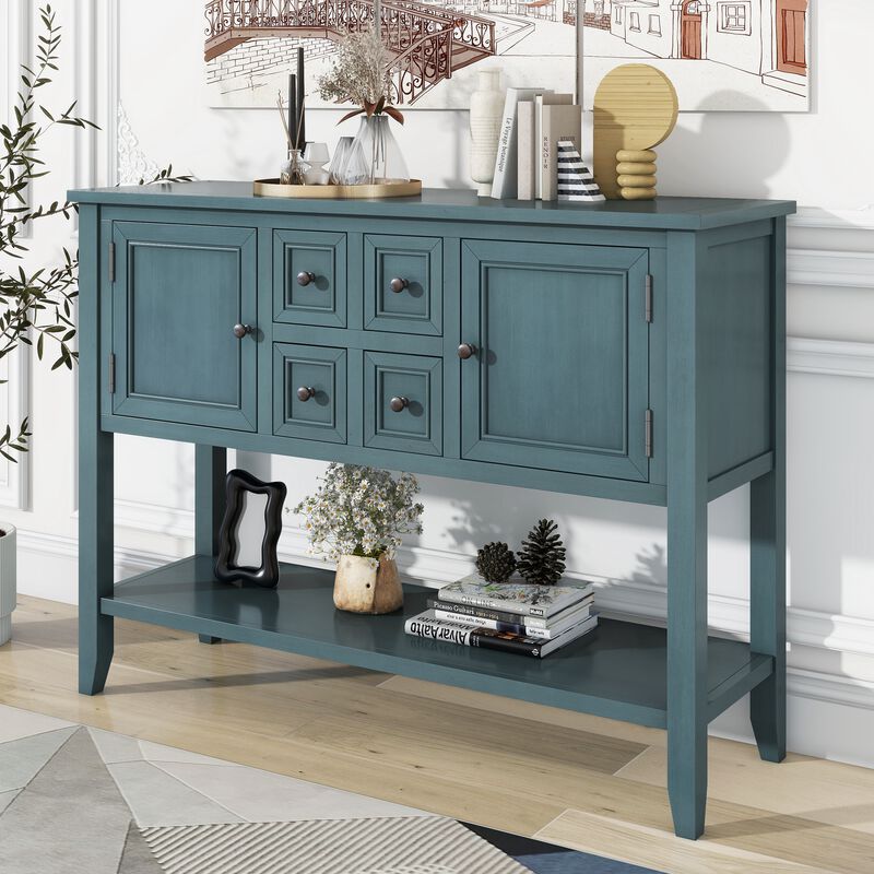 Whisen Vintage Console Table with Four Small Drawers and Bottom Shelf for Living Rooms, Entrances and Kitchens - Retro Blue