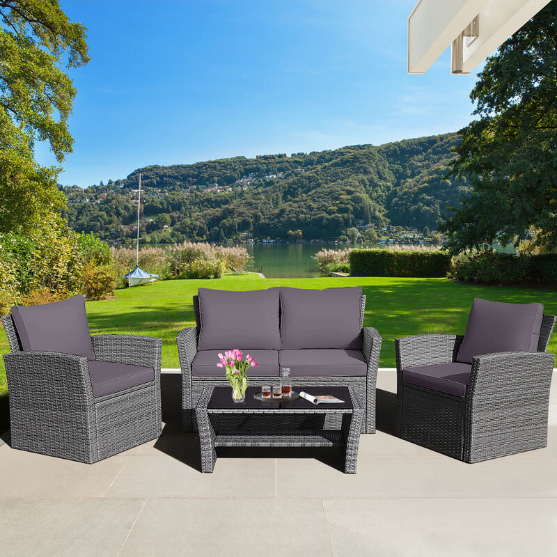 4 Pieces Patio Rattan Furniture Set Sofa Table with Storage Shelf Cushion image number 2