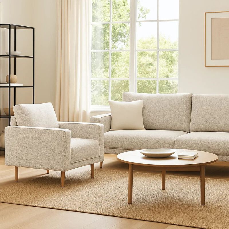 Remy Accent Chair, Bench Seat w Track Arms, Plush Off White Boucle