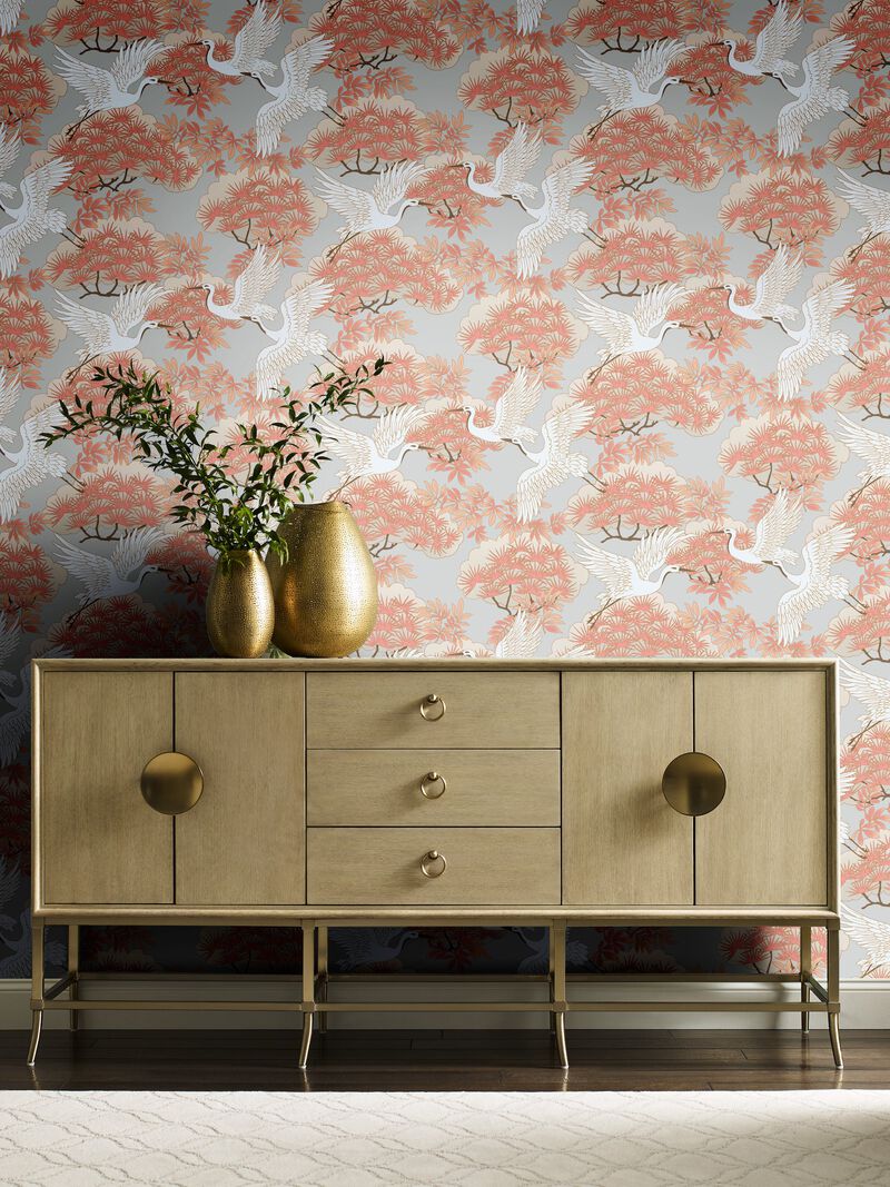 Sprig & Heron Coral Wallpaper (Double Roll) image number 4
