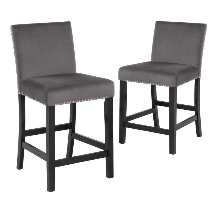Kate 40 Inch Wooden Counter Height Chair with Velvet Seat, set of 2, Gray
