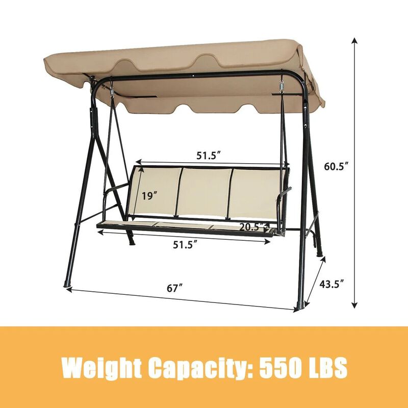 Mondawe 3 Person Steel Frame Patio Swing with Polyester Angle and Adjustable Canopy