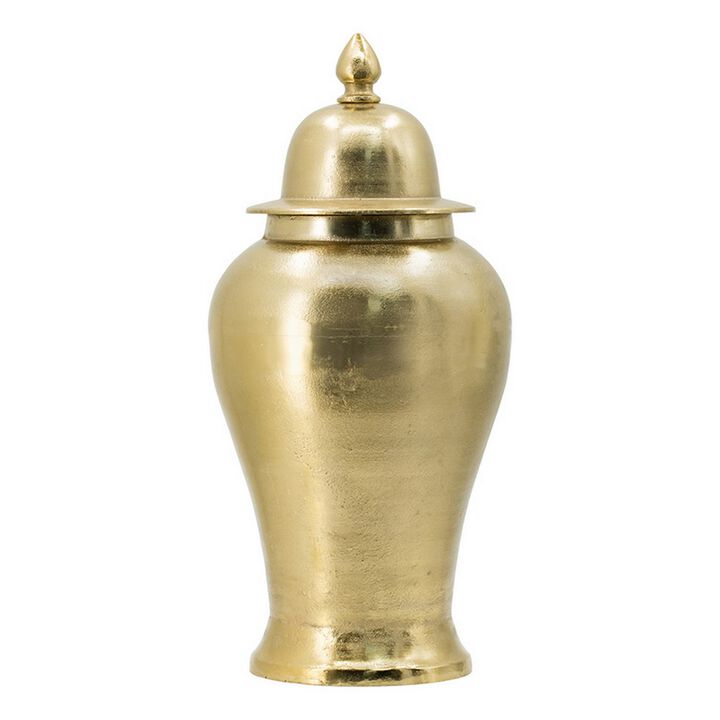 21 Inch Lidded Vase Urn, Finial Accent, Brilliant Gold Aluminum Finish - Benzara