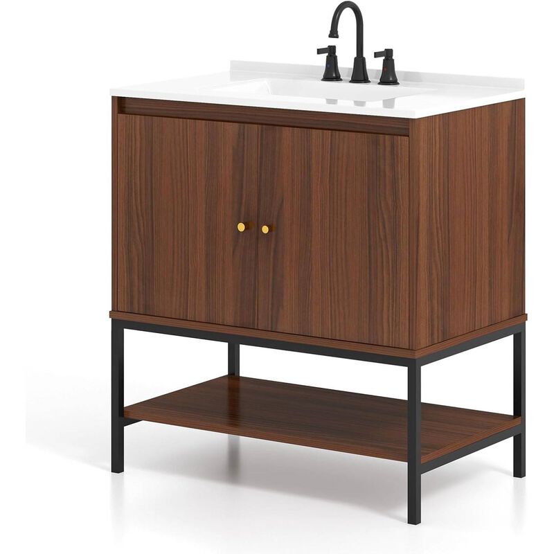 Modern Freestanding Bathroom Vanity in Wood Finish with Sink and Faucet