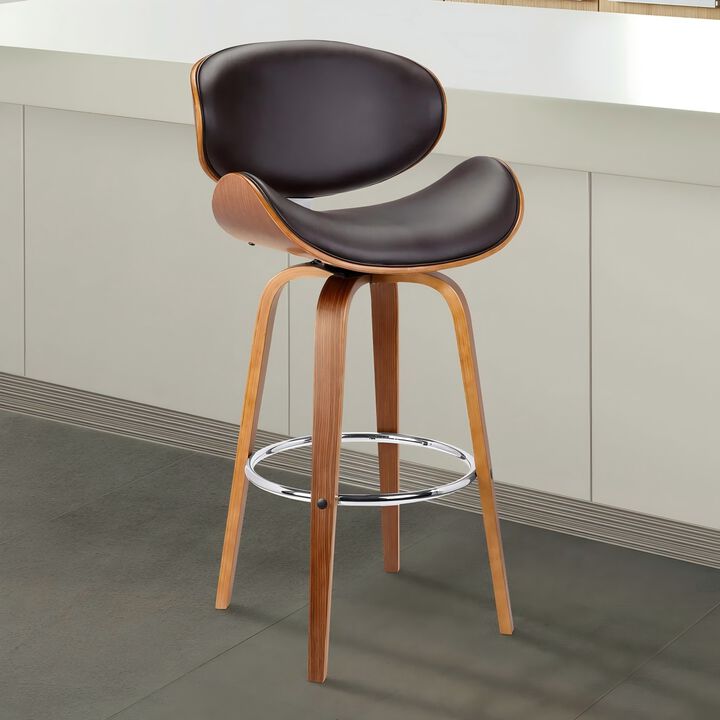 26" Swivel Brown Faux Leather and Walnut Wood Counter Stool
