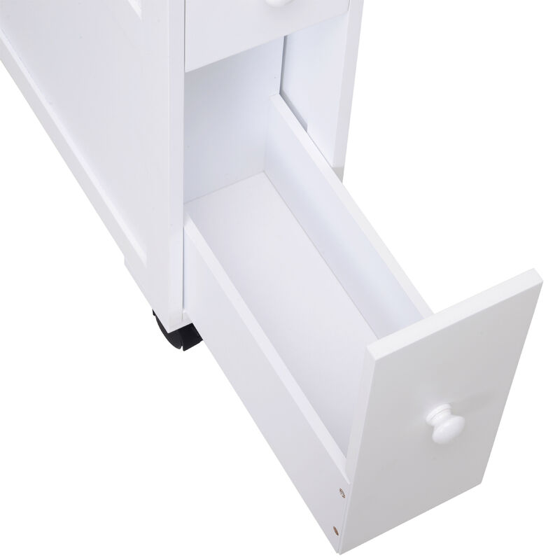 Wooden Rolling Narrow Bathroom Storage Side Cabinet w/ Slide-Out Shelf