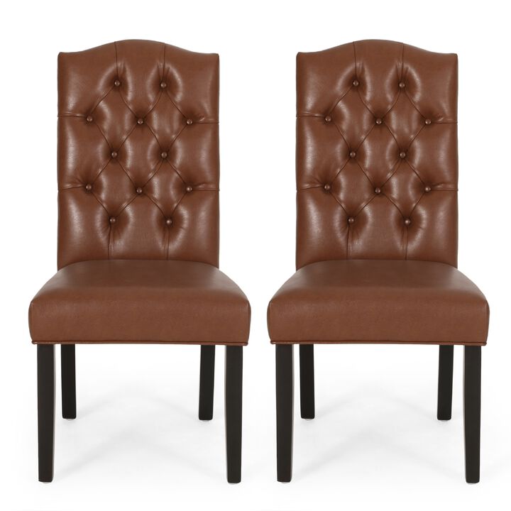 Elona Dining Chair Set of 2, Crown Top, Brown Tufted Faux Leather