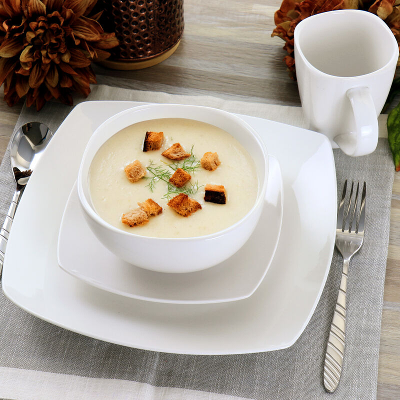 Gibson Elite Soho Lounge 16 Piece Square Fine Ceramic Dinnerware Set in White