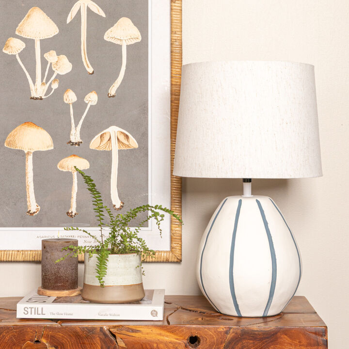Stoneware Table Lamp with Hand-Painted Blue Stripes and Linen Shade