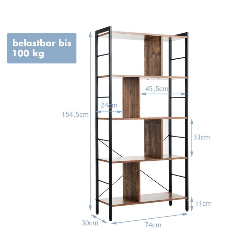 Hivvago 4-Tier Industrial Freestanding Bookshelf with Metal Frame