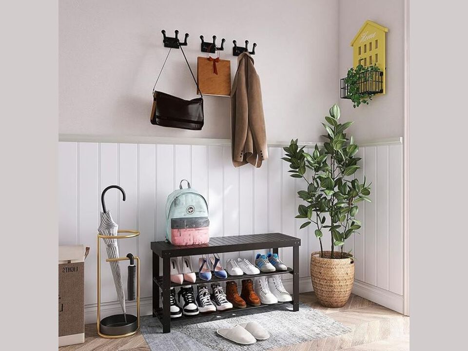 Entryway Bamboo Shoe Storage Bench 3 Tier Black Rack Organizer