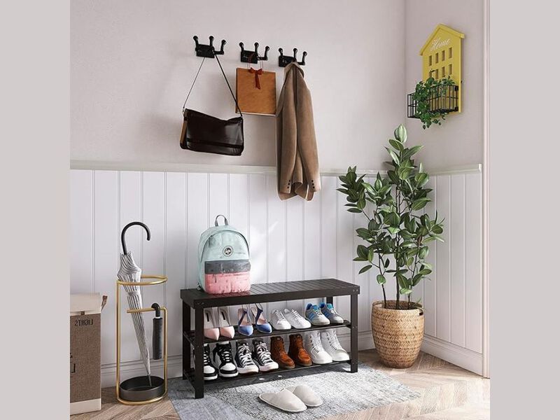 Entryway Bamboo Shoe Storage Bench 3 Tier Black Rack Organizer image number 1