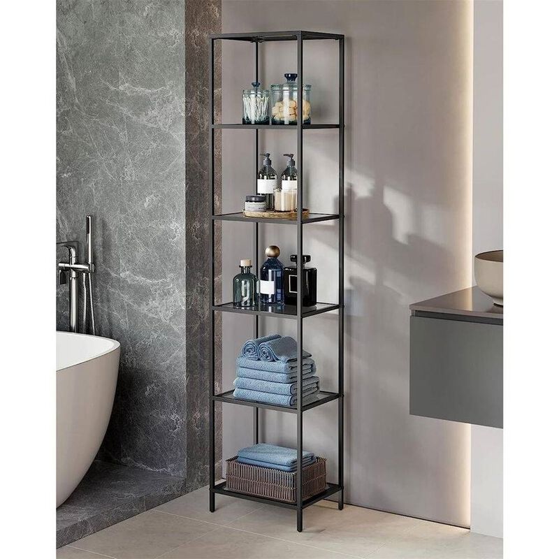 Narrow Glass Shelves Bookcase 5-Shelf Shelving Unit with Metal Frame