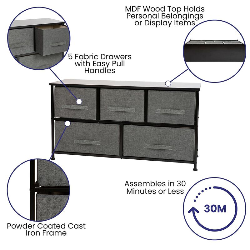 Flash Furniture Harris 5 Drawer Storage Chest - Black Cast Iron Frame and Wood Top - 5 Easy Pull Dark Gray Fabric Drawers