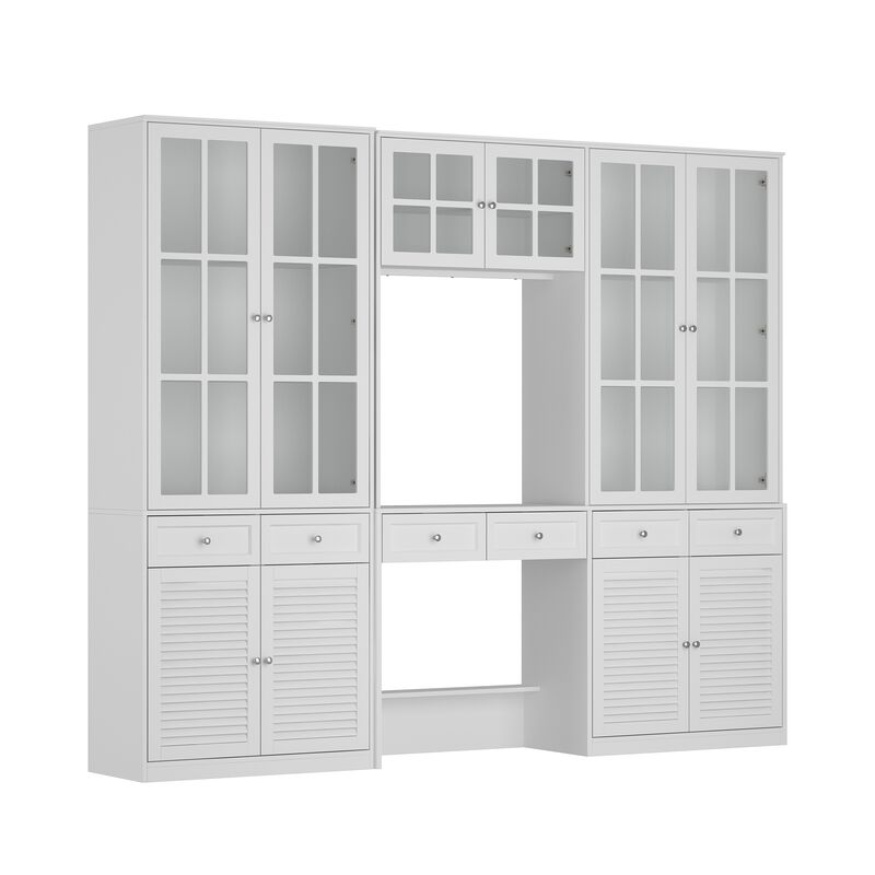 FUFU&GAGA White MDF & Tempered Glass Storage Cabinet with 6 Drawers, Adjustable Shelves & Shutter Doors, Modern Bookcase (94.5 in. W x 15.7 in. D x 78.7 in. H) image number 0
