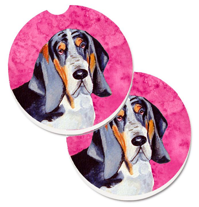 Caroline's Treasures Pink Basset Hound Set of 2 Cup Holder Car Coasters LH9372PKCARC, 2.56, Multicolor