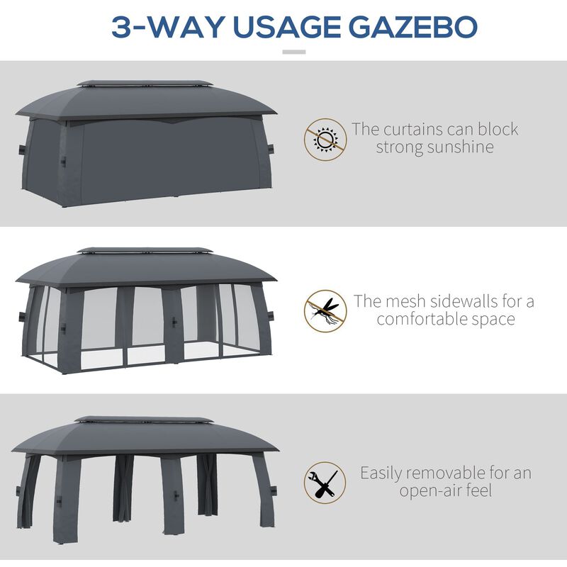 Dark Gray Garden Pavilion: 10x20ft Netted Gazebo Canopy