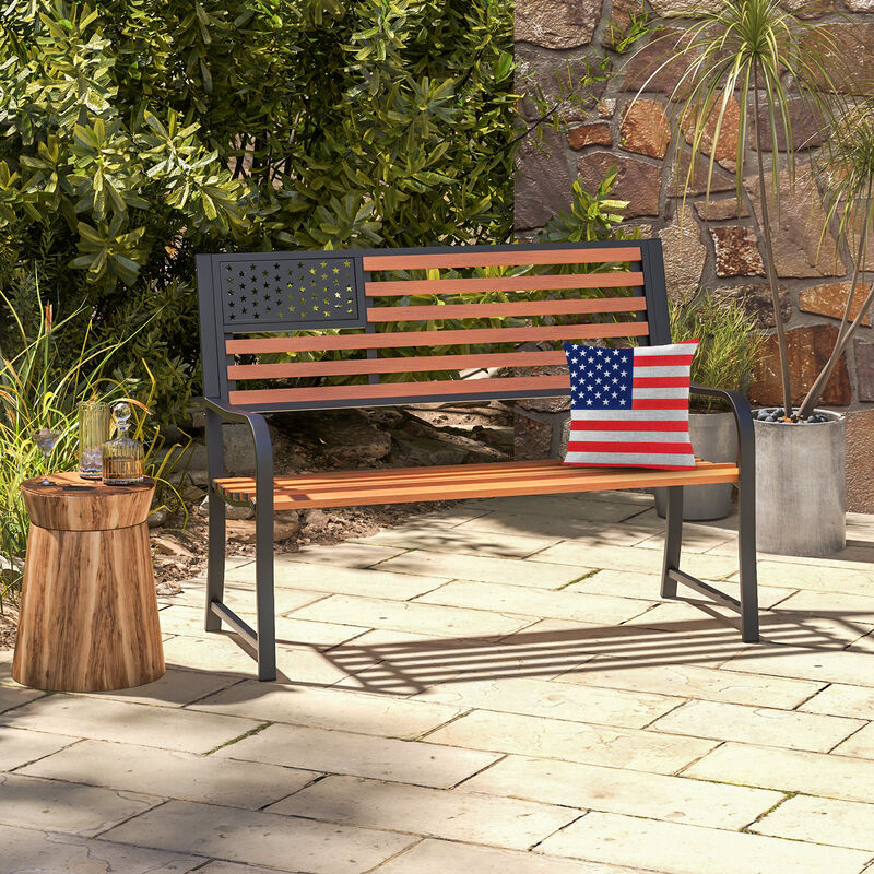 Outdoor Patio Bench with Rustic Flag Back Design and Faux Wood Texture